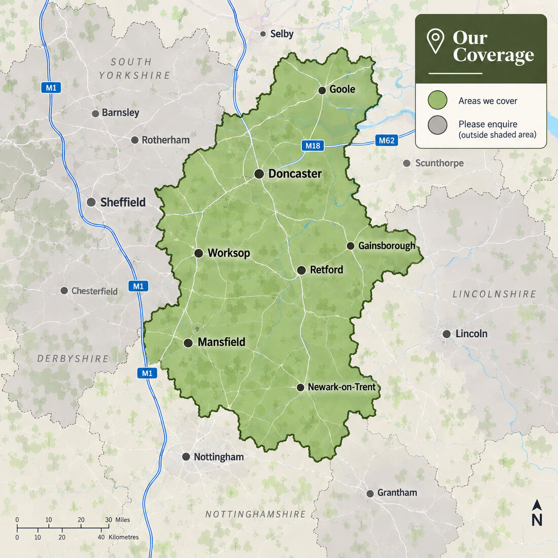 Map of the area Apricot Surveyors covers, from Goole and Doncaster in the north down through Worksop, Retford and Gainsborough to Mansfield and Newark-on-Trent